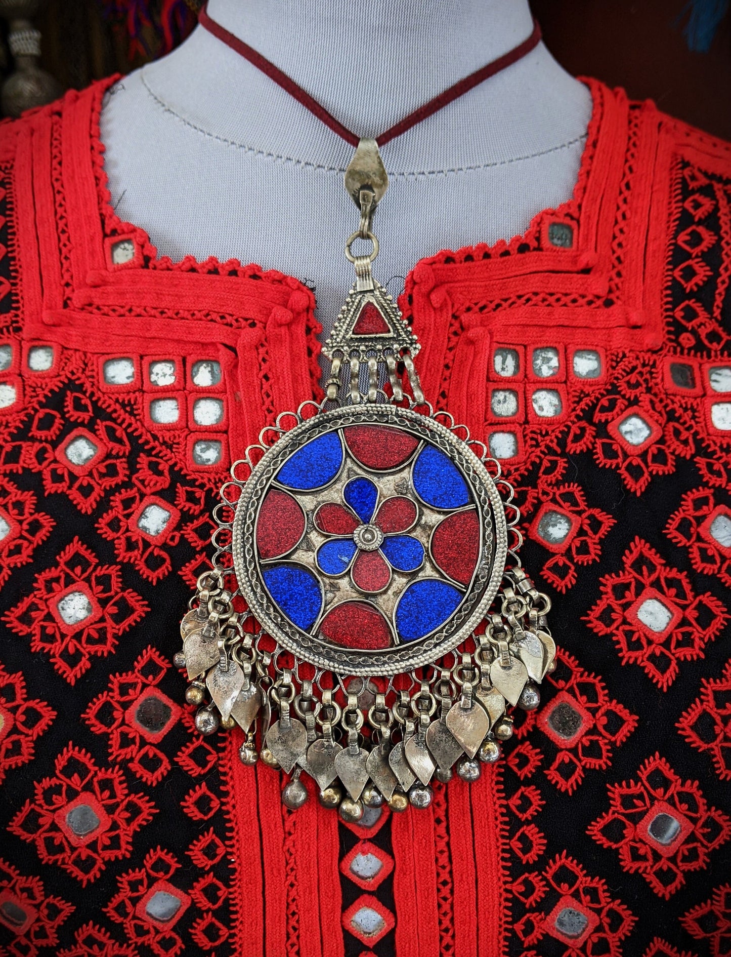 Red & Blue Sparkle Vintage Kuchi Tribal Hair Pendant Polished Floral Motif (15481)