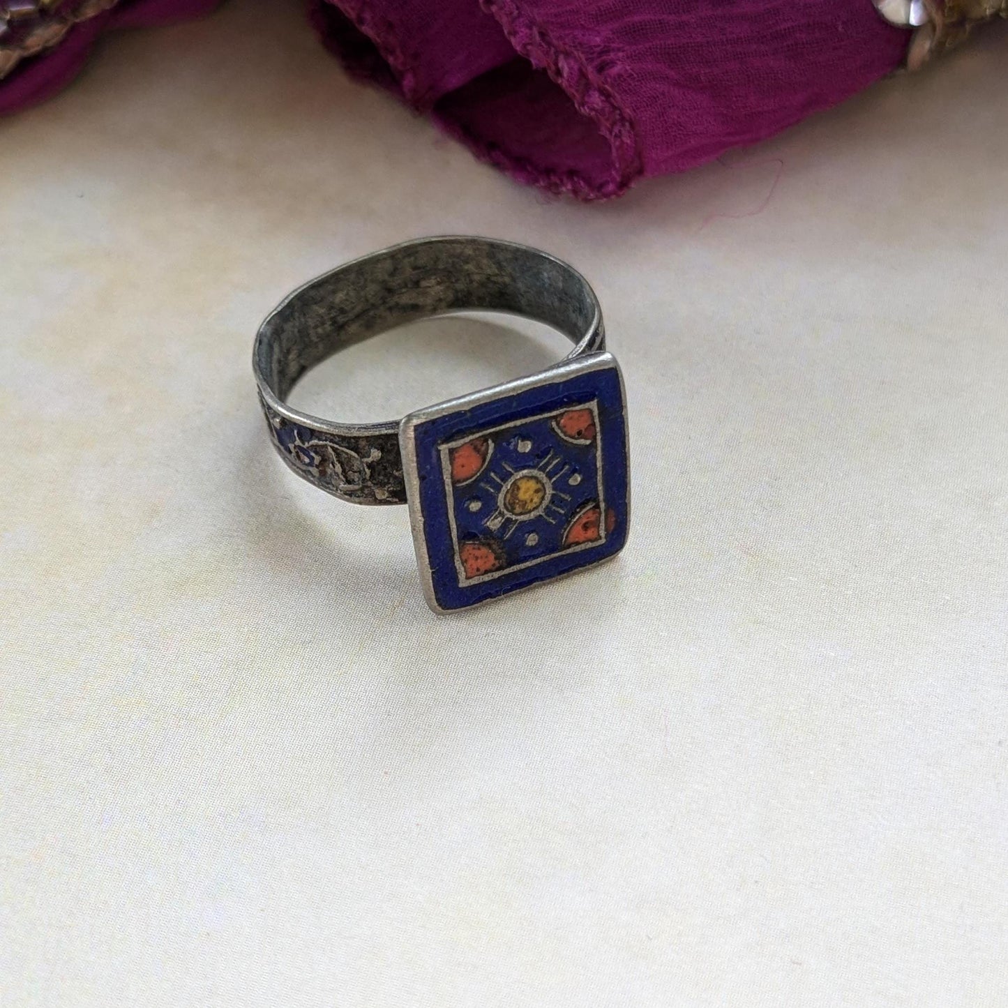 Vintage Multan Blue Enamel Ring Punjab Pakistan Jewelry 7 US (17180)