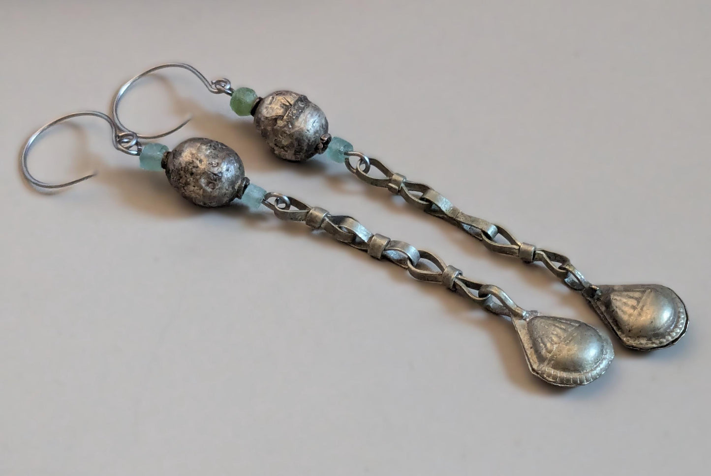 Tribal Earrings Ethiopian Beads Roman Glass Spacers Kuchi Dangles 3.8" Long (16804)