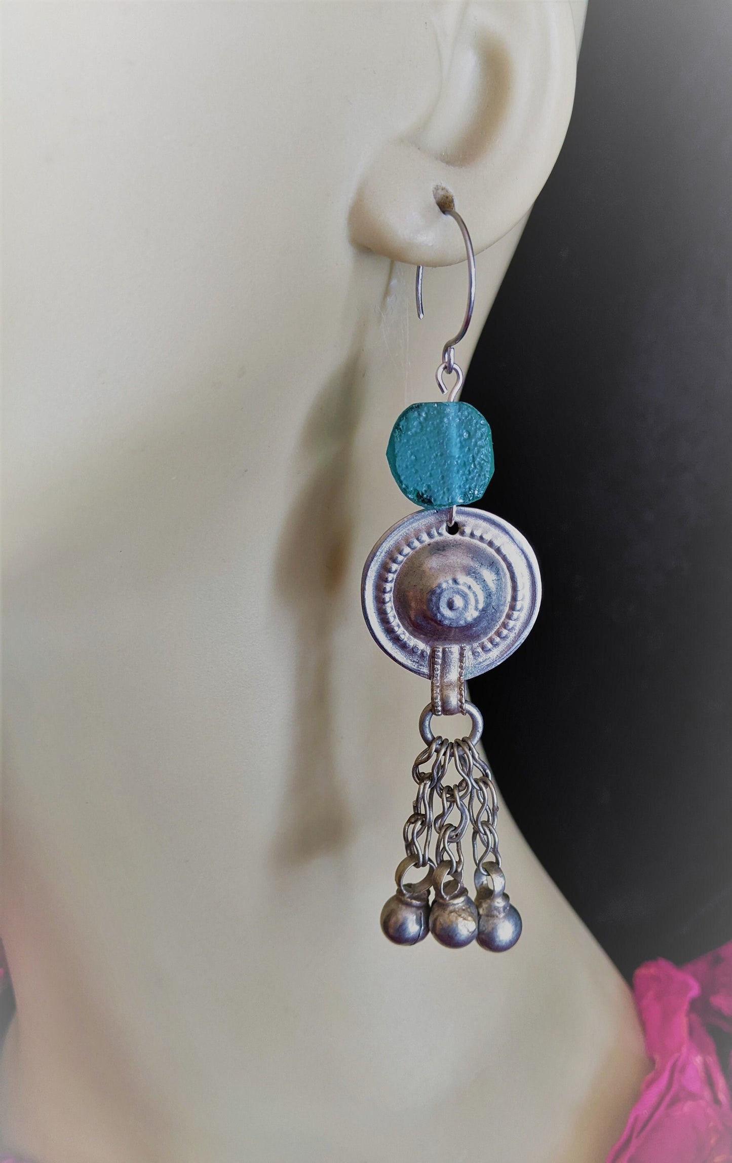 Upcycled Vintage Tribal Earrings with Roman Glass Beads Jingling Jewelry Unique Assemblage 3.75" LONG HEAVY (#13313)