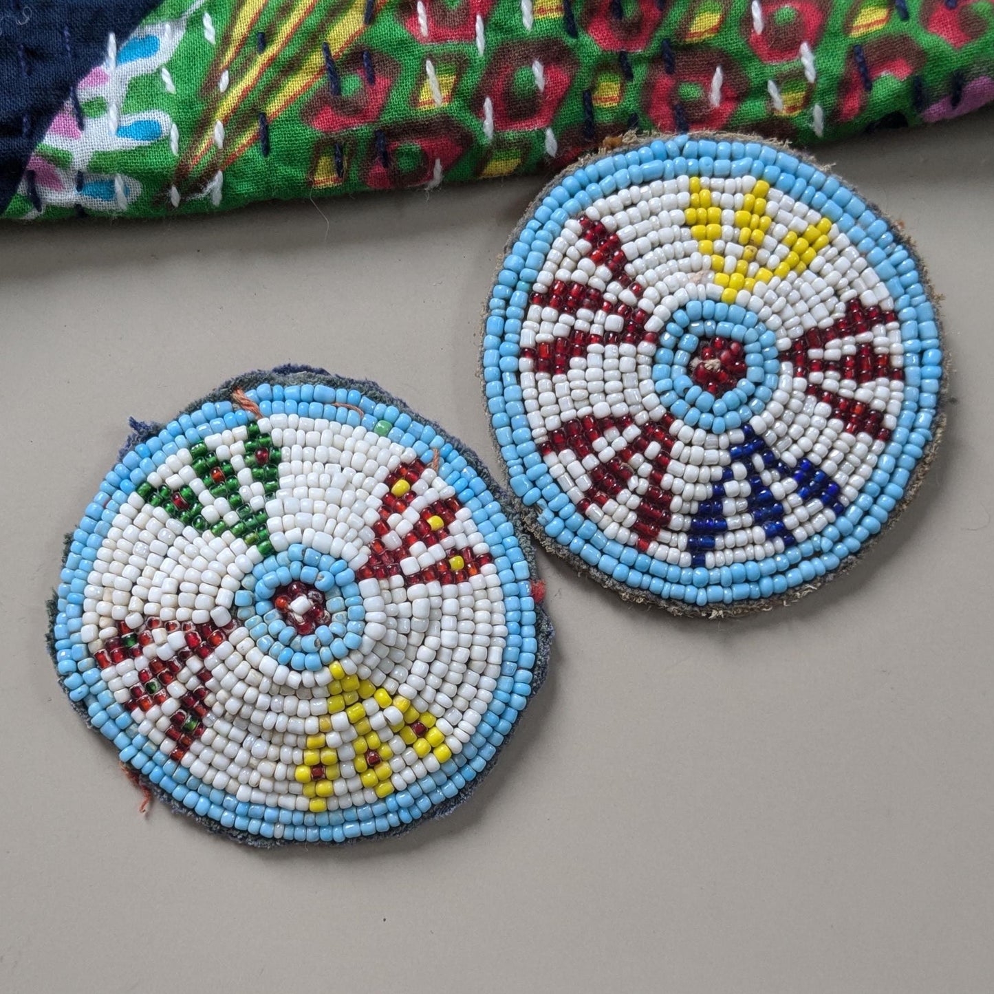 Vintage Beaded Kuchi Tribal Gul Flowers Patches Mismatched Pair 2.5" (17268)