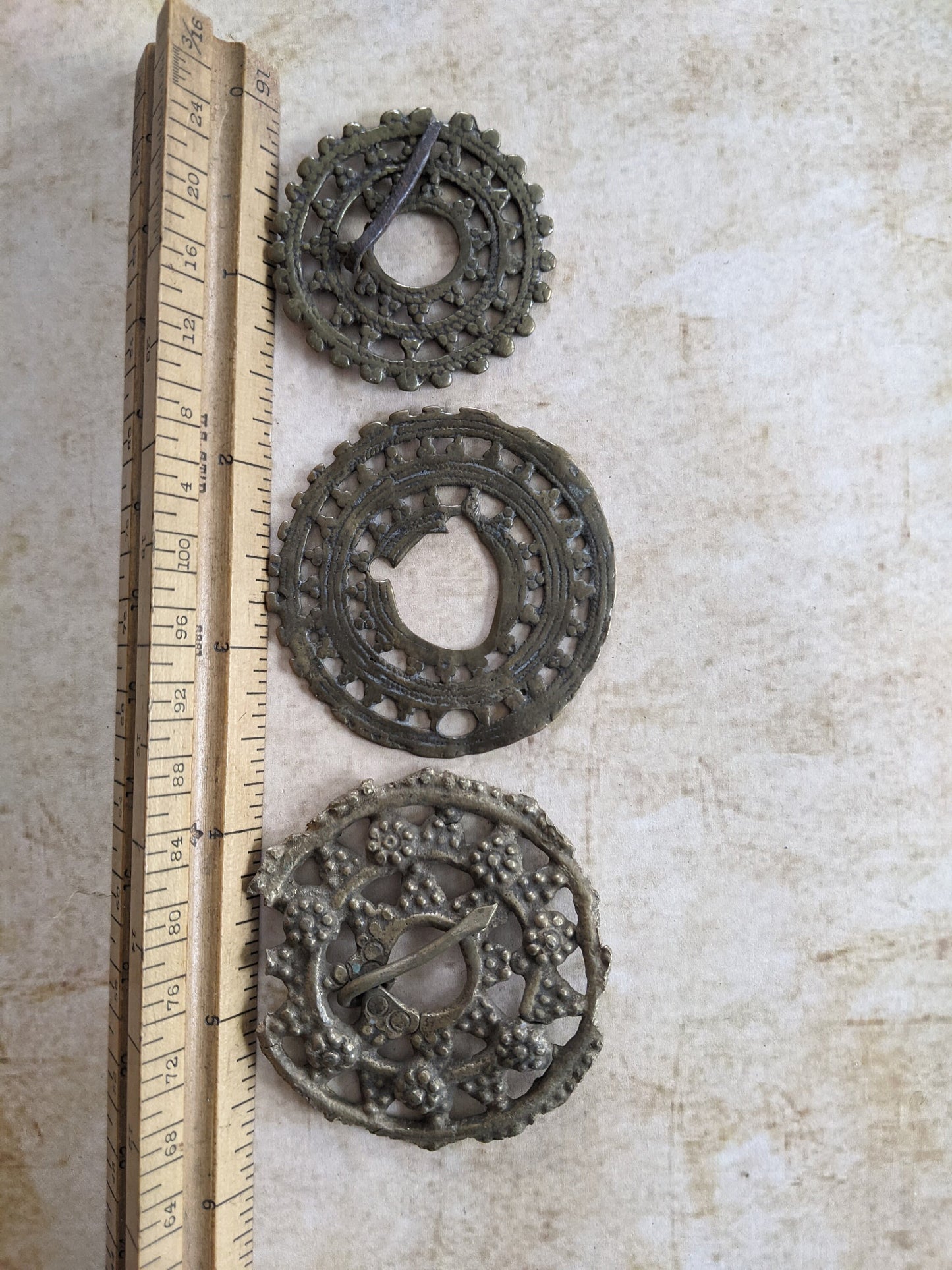 3 Old Well-Worn Brass Flower Fibula Unique Tribal Adornment NW Pakistan KPK (#12769)