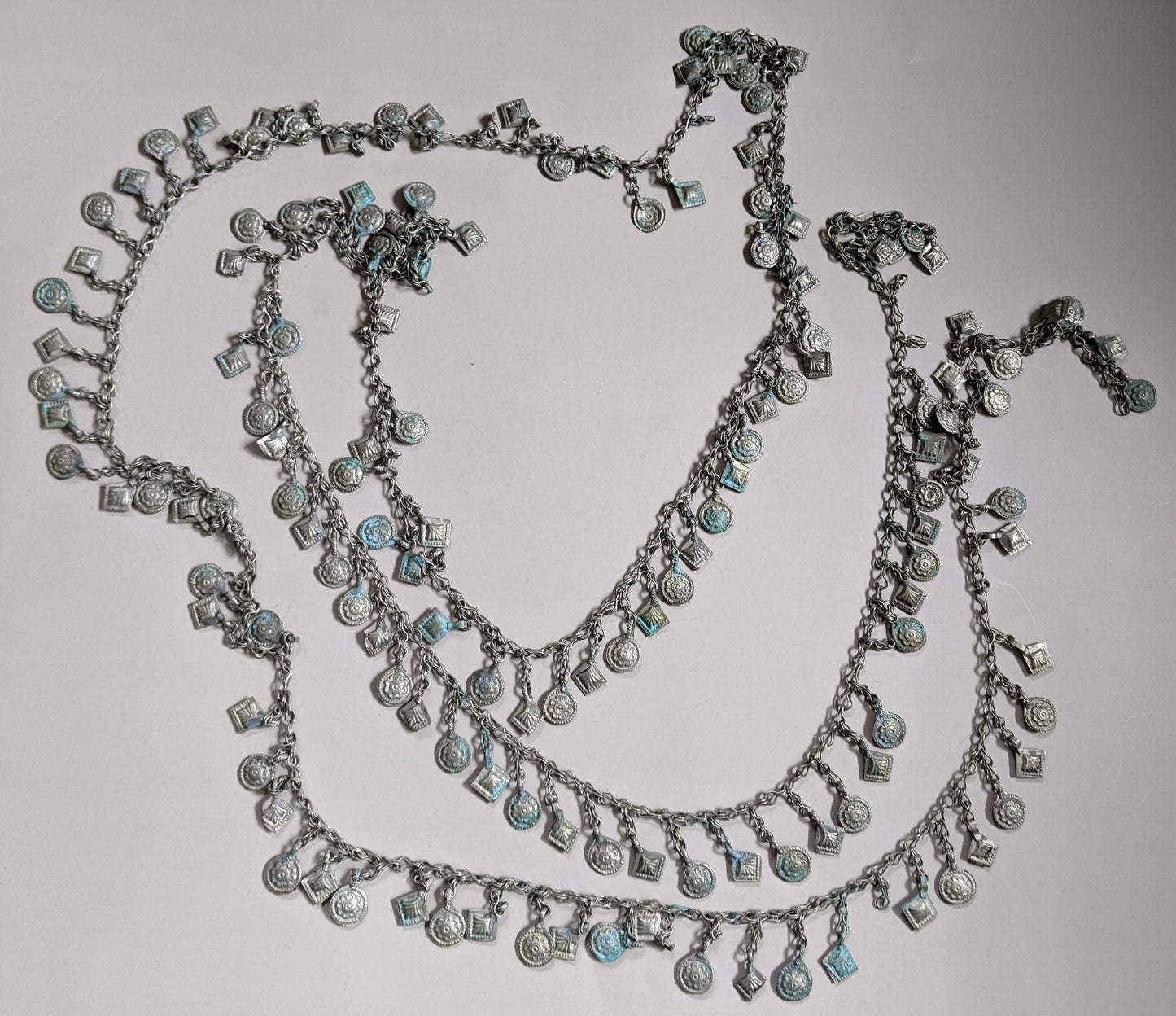 Vintage Kuchi Tribal Jewelry Chain 93" Some Verdigris and Misshapen Dangles (#14789)