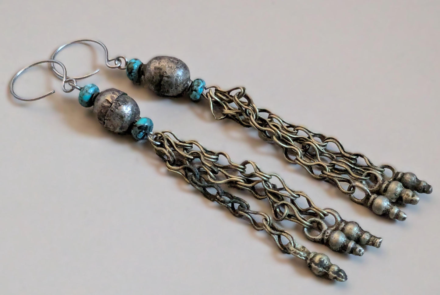 Boho Earrings Vintage Ethiopian Beads Turquoise Kuchi Dangles 4" LONG (16803)