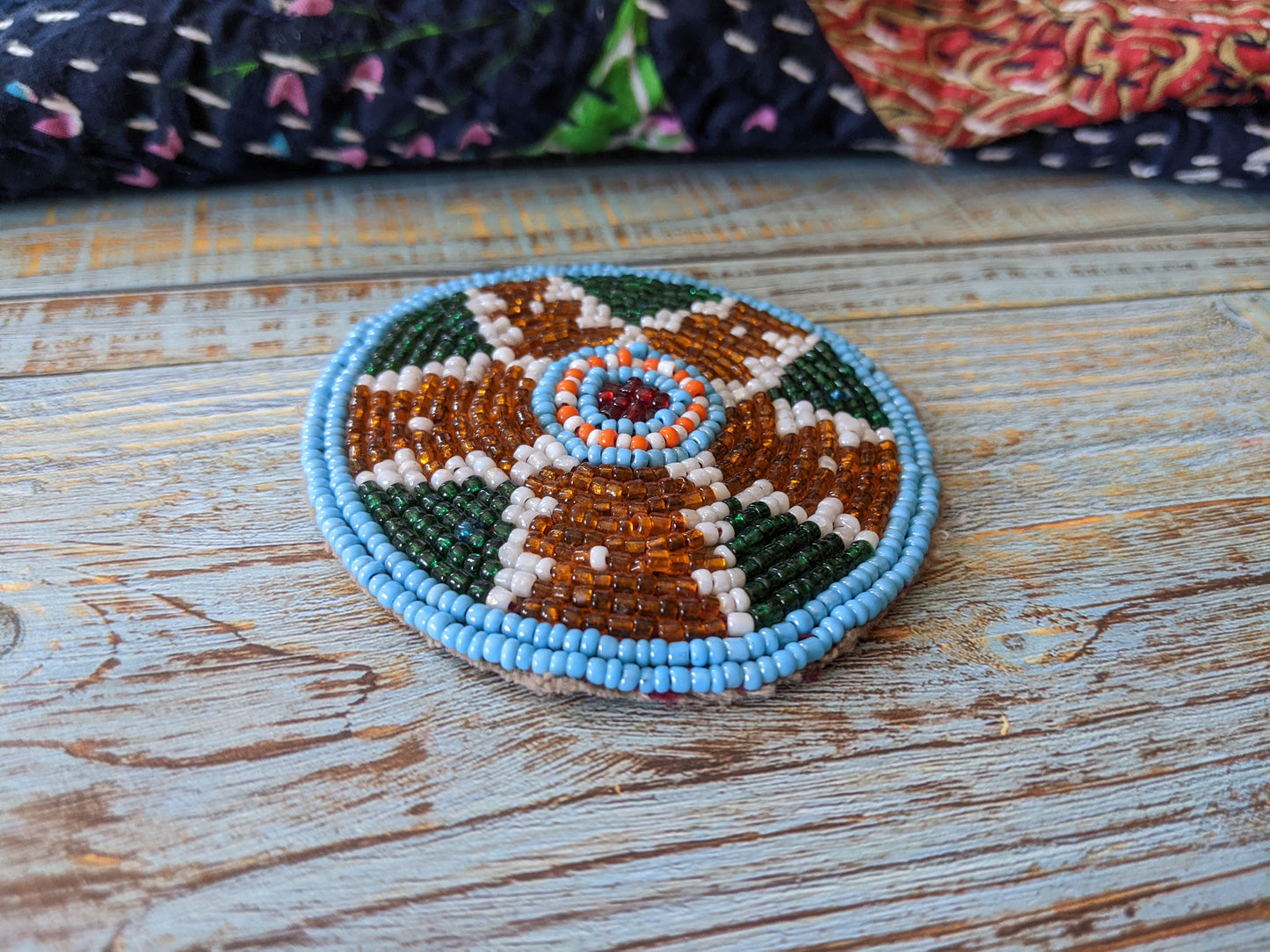 2.5" Vintage Kuchi Tribal Beaded Patch Medallion Gul Flower Applique DIY Supplies Green Orange Blue Red White (#13351)