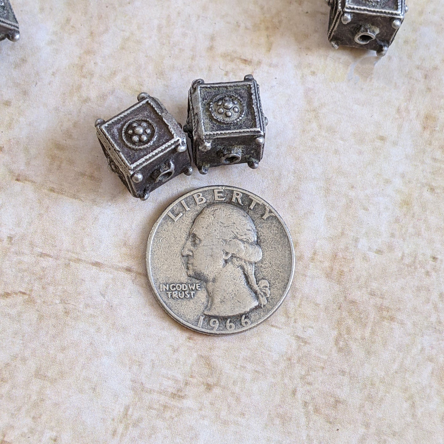 Vintage Silver Beads from Kohistan Pakistan Square with Flowers 10mm x 12mm (15427)