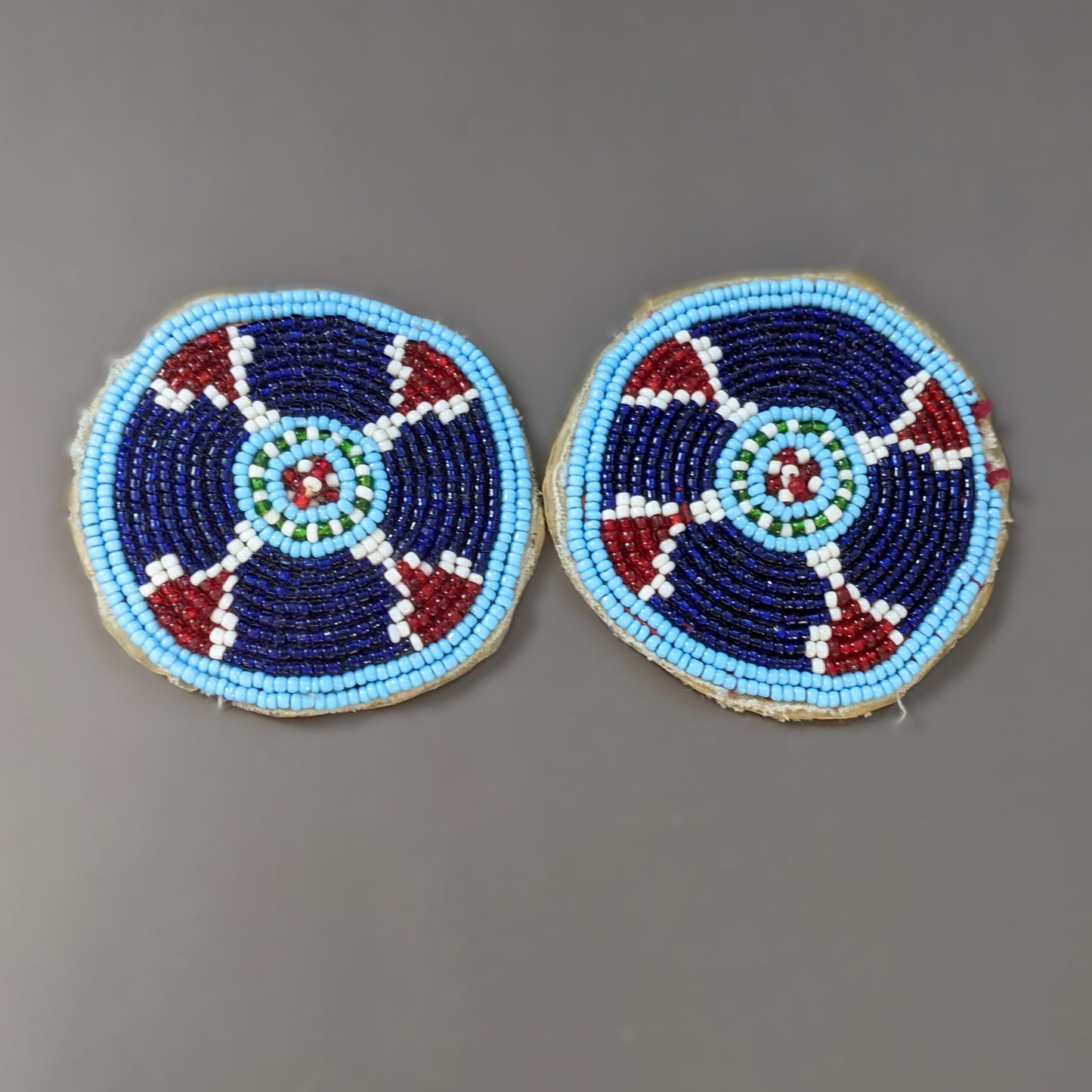 Pair Blue Beaded Afghan Tribal Gul Flowers Kuchi Patches 2.25" (16273)