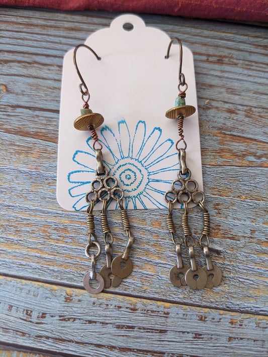 Upcycled Vintage Kuchi Pendant Tribal Earrings Turquoise Bead Vintage Brass Accents Niobium Ear Wire 2.75" Long (#13388)