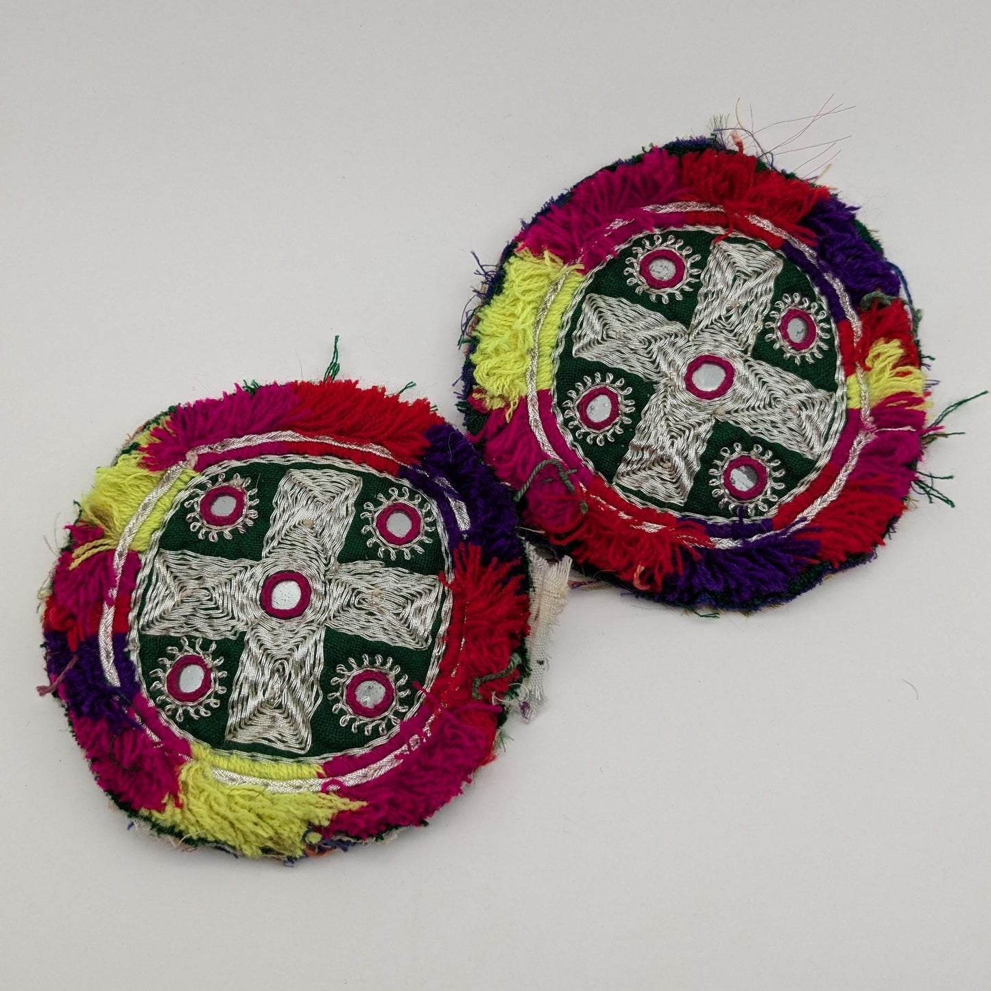 Pair Embroidered Kuchi Gul Round Medallions Colorful Bright (17153)