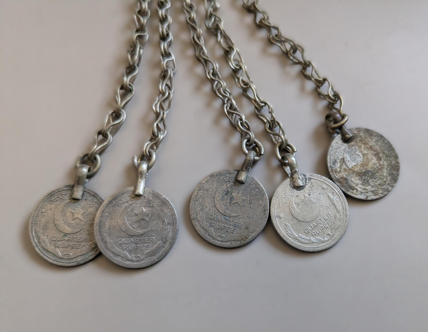 5 Vintage Kuchi Tribal Coin Pendants on Chain Matching Set (16690)