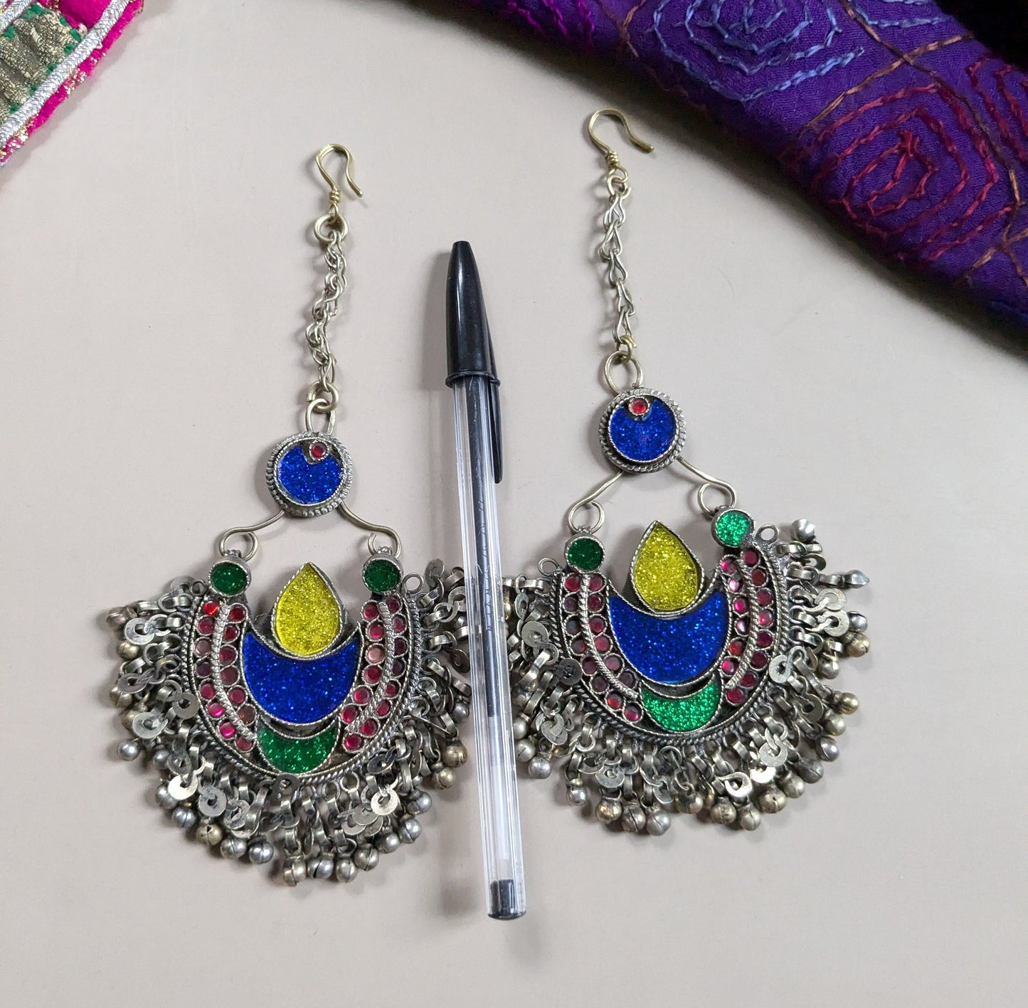 Matching Pair Vintage Kuchi Tribal Hair Pendants Tikka Jhoomer Blue Crescent Moon (16385)