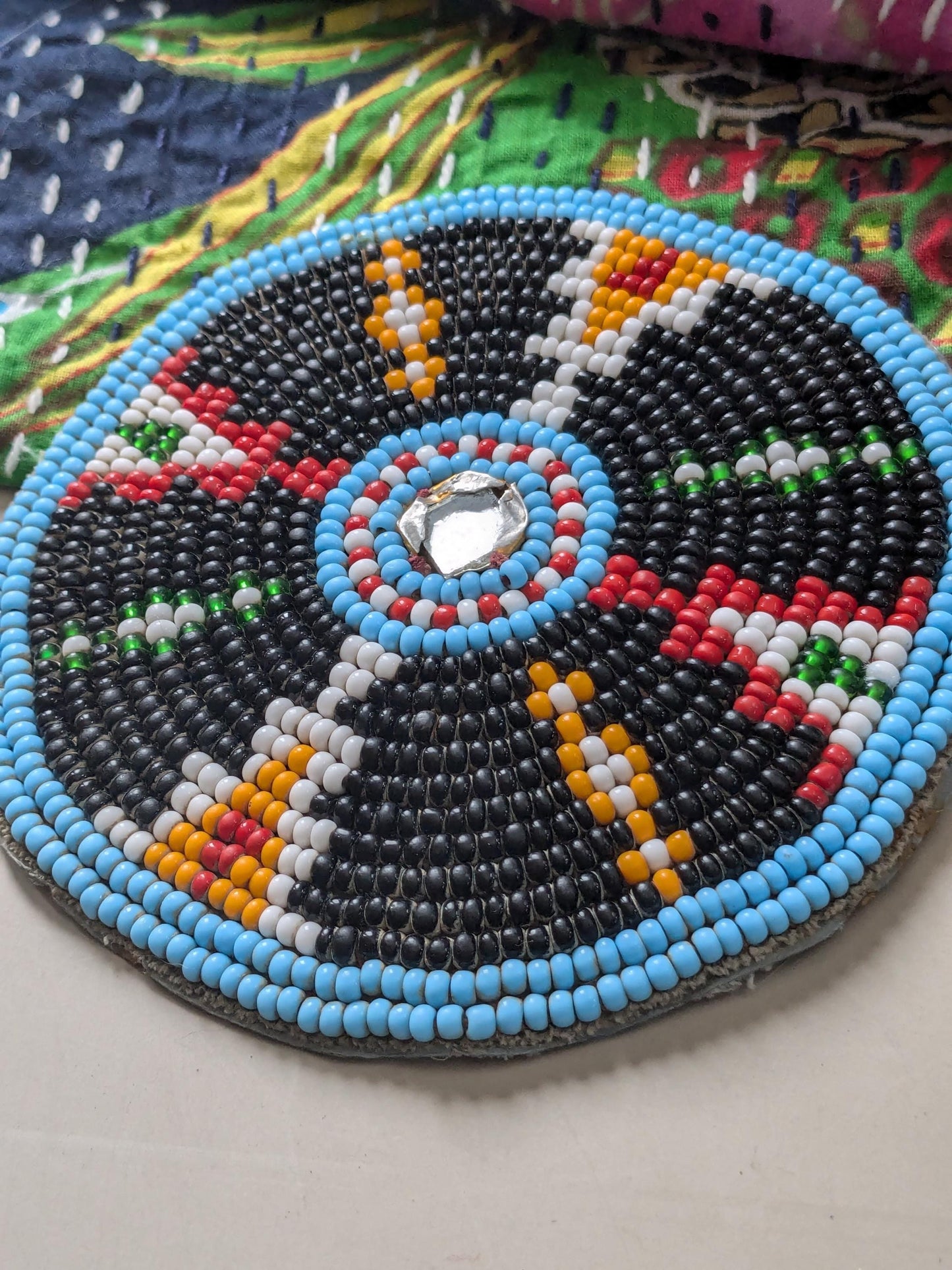 Vintage Beaded Tribal Flower Patch from Balochistan Black Beads 4" (17278)