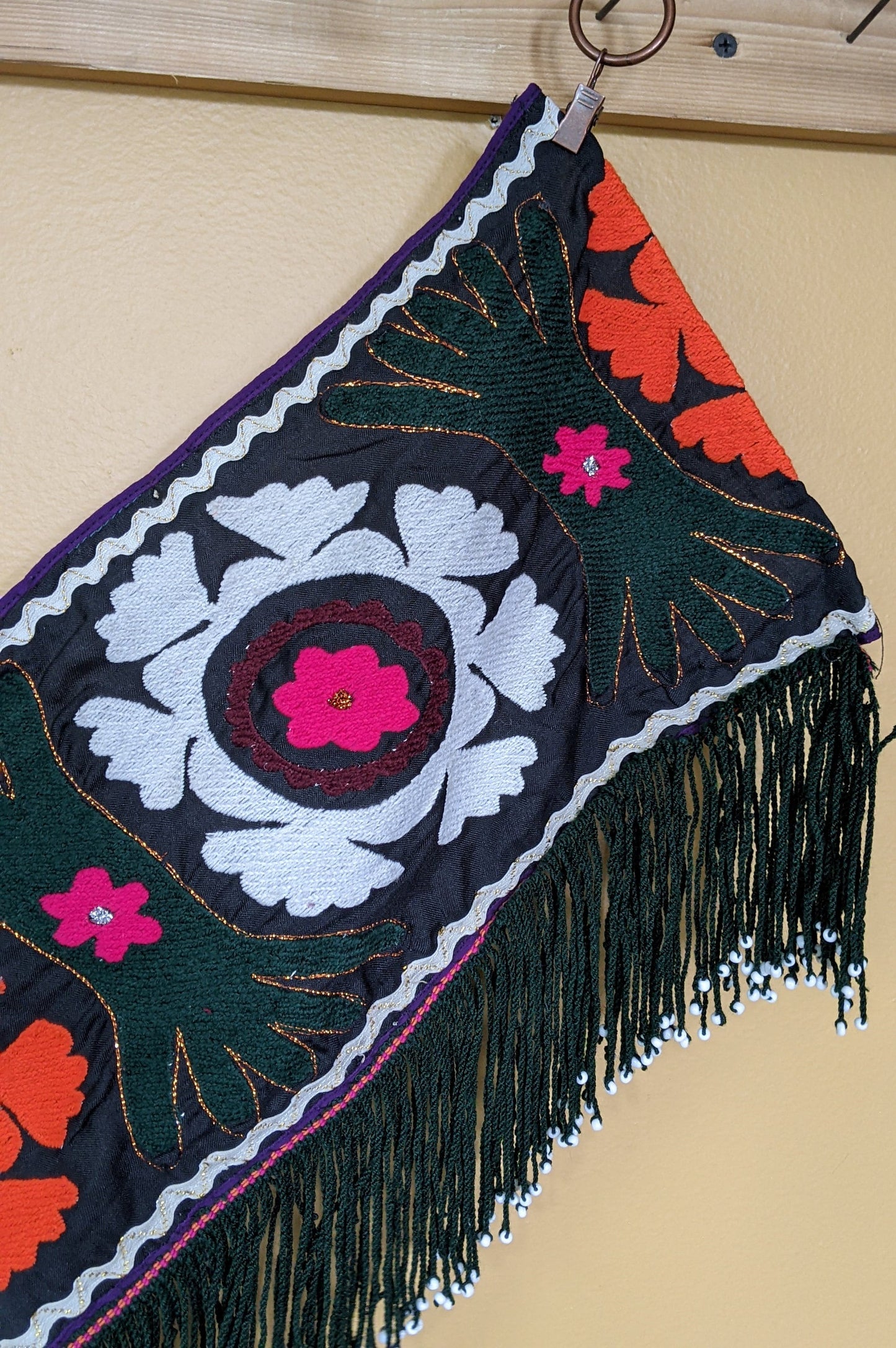 Handstiched Uzbek Textile Saye Gosha Segusha Black with Bright Colors (#14292)