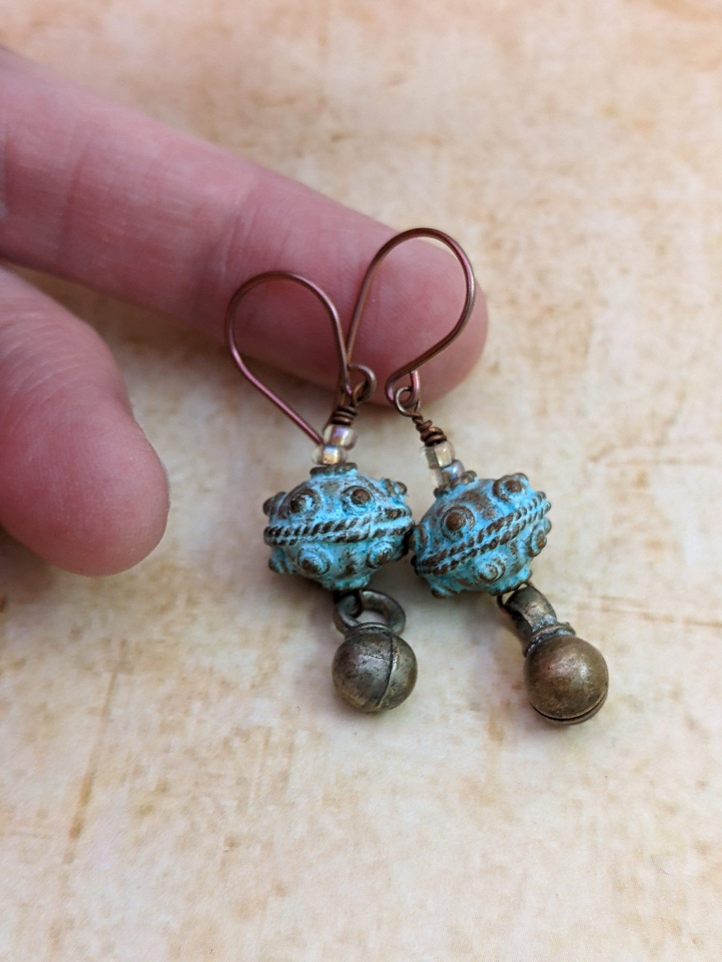 Rustic Verdigris Patina Bead Earrings Vintage Kuchi Tribal Jewelry Bauble Accent Niobium Ear Wire Ancient Vibe (#14020)