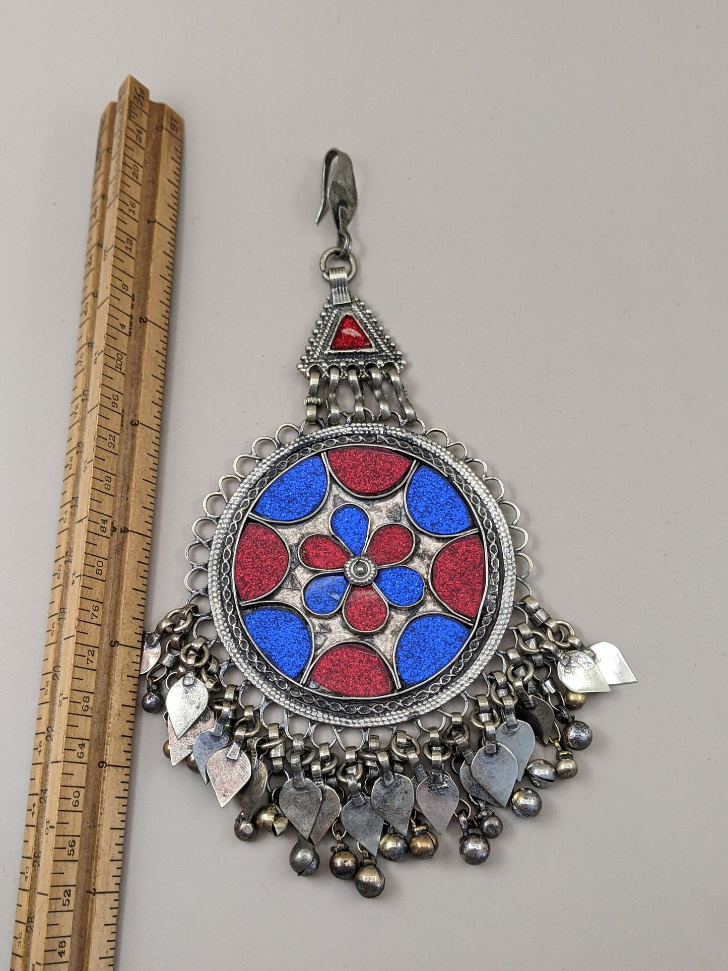 Red & Blue Sparkle Vintage Kuchi Tribal Hair Pendant Polished Floral Motif (15481)