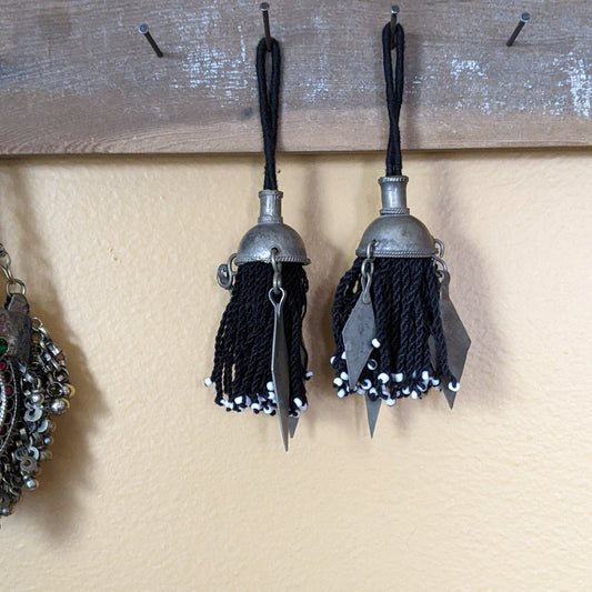 Pair of Black Turkmen Tassels Unique Vintage Tops Pointy Dangles Ethnic Arts Supply