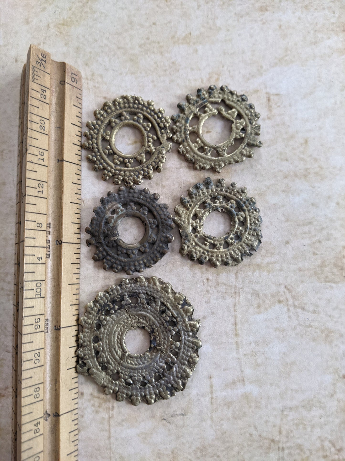 5 Old Well-Worn Brass Flower Fibula Unique Tribal Adornment NW Pakistan KPK (#12768)