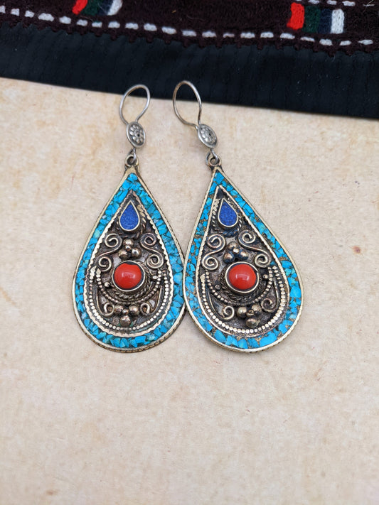 Ethnic Earrings Big HEAVY Droplets Sterling Ear Wire Silver Plated 3" (#13910)