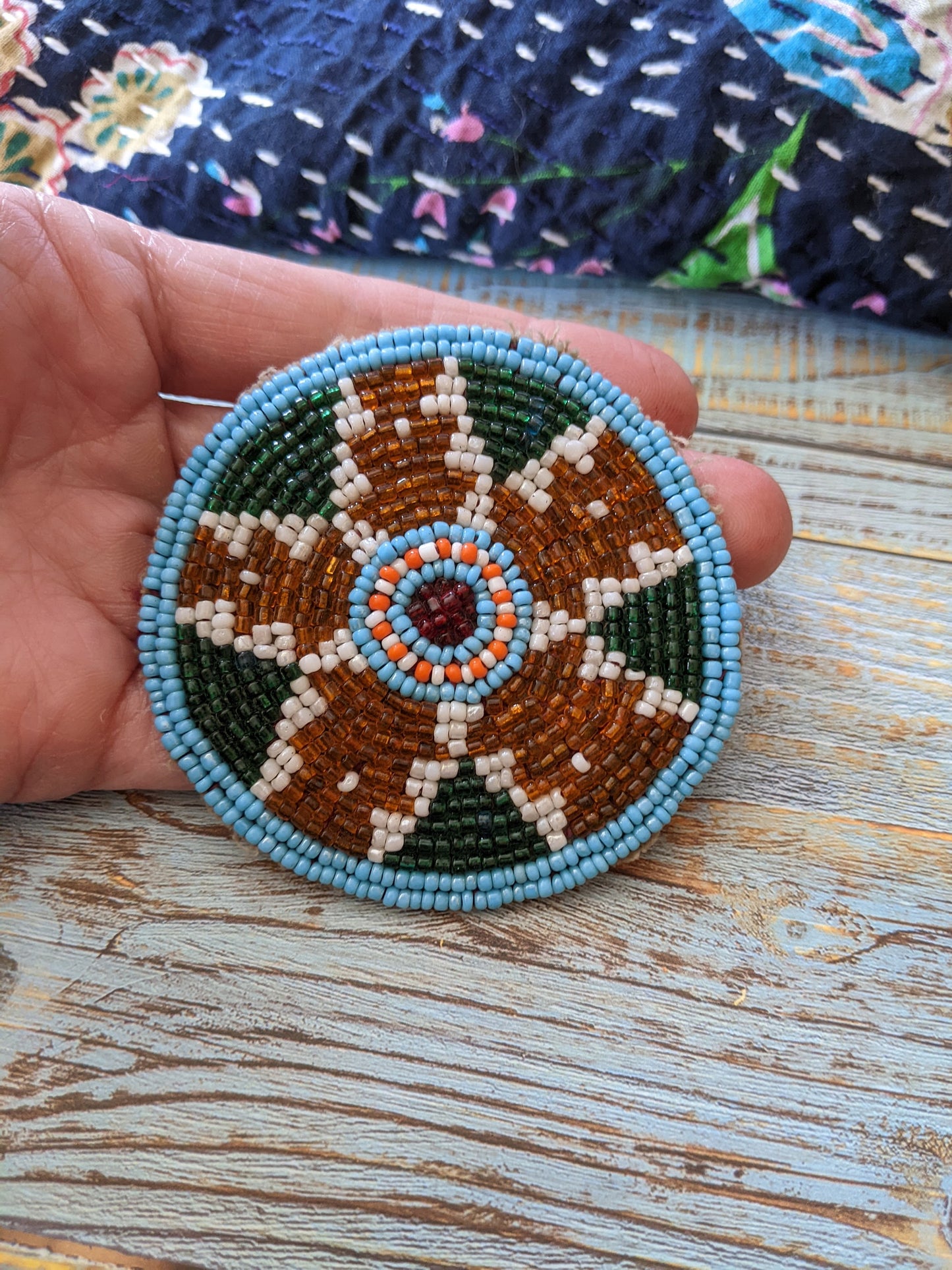 2.5" Vintage Kuchi Tribal Beaded Patch Medallion Gul Flower Applique DIY Supplies Green Orange Blue Red White (#13351)