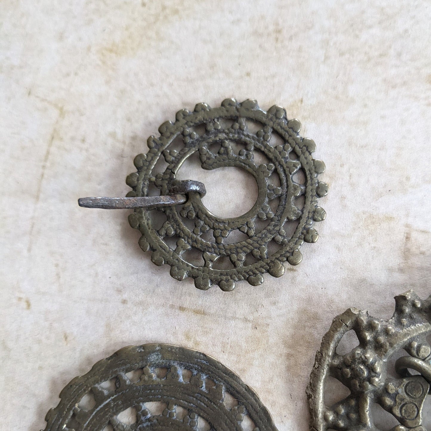 3 Old Well-Worn Brass Flower Fibula Unique Tribal Adornment NW Pakistan KPK (#12769)