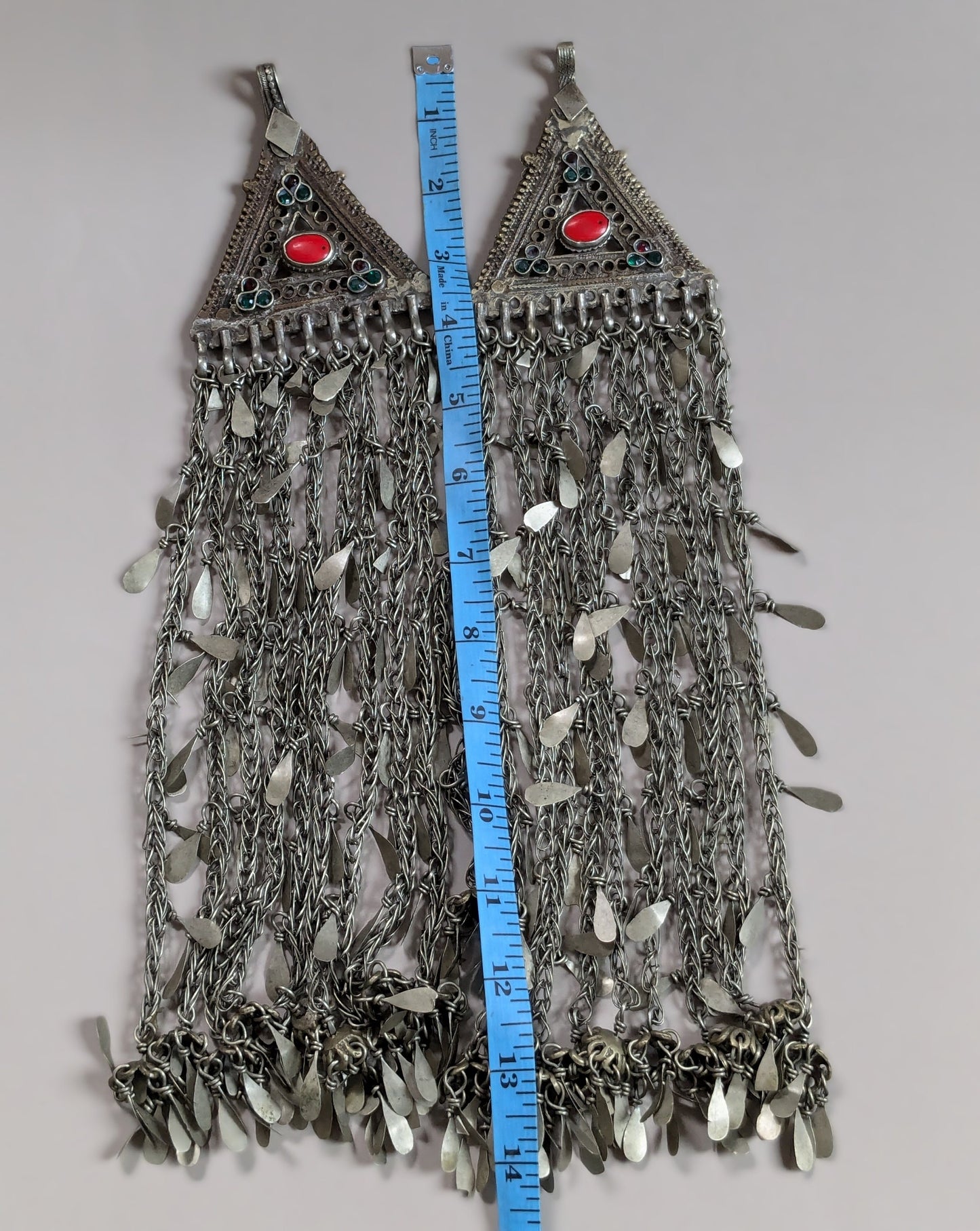 Vintage Afghan Kuchi Tribal Tikka Hair Tassels 14" Traditional Temporal Jewelry (16377)