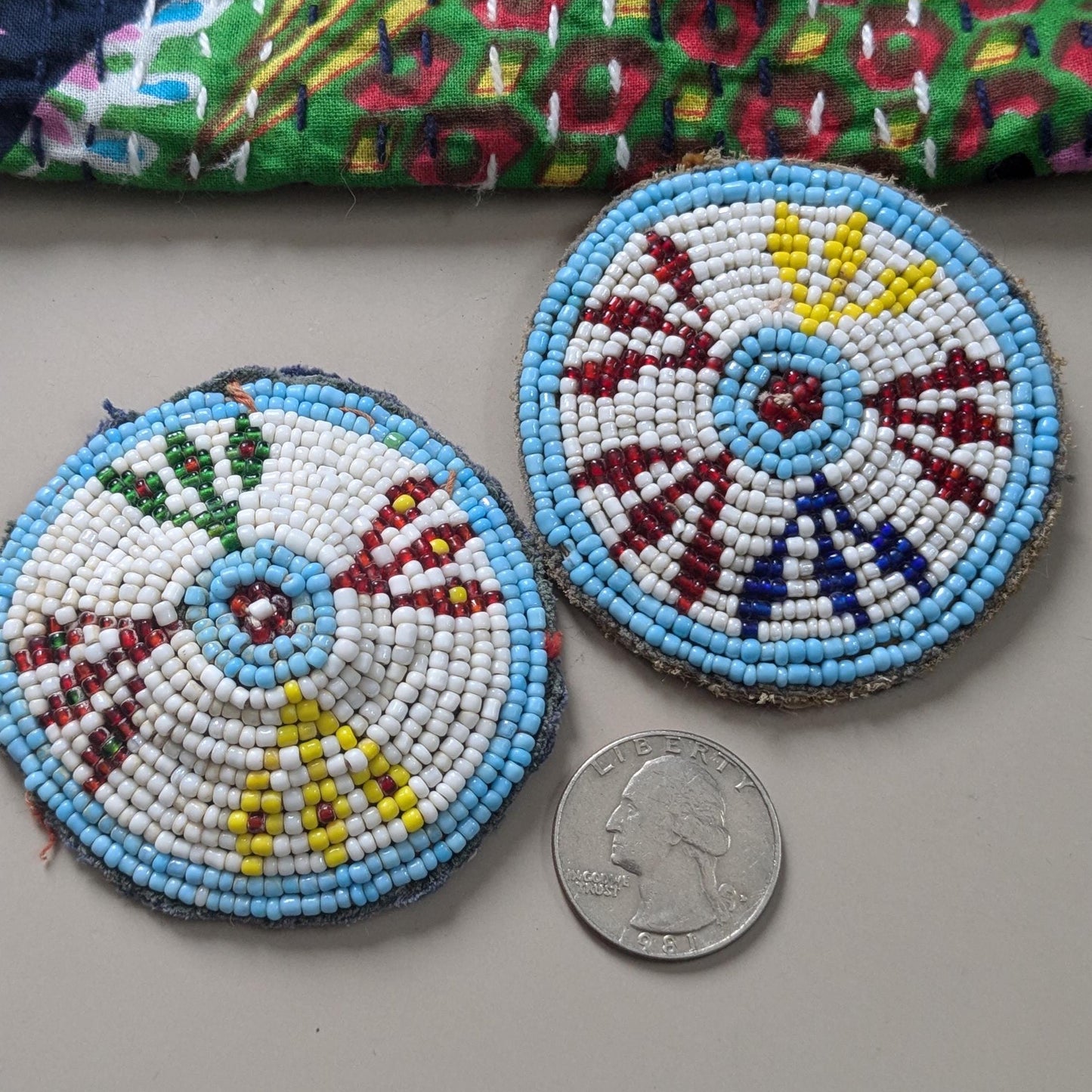 Vintage Beaded Kuchi Tribal Gul Flowers Patches Mismatched Pair 2.5" (17268)