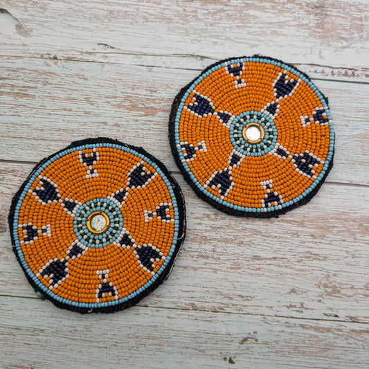 Vintage Beaded Tribal Gul Flowers Kuchi Patches Orange 3.25" (17151)