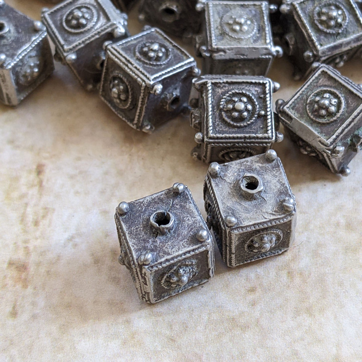 Vintage Silver Beads from Kohistan Pakistan Square with Flowers 10mm x 12mm (15427)