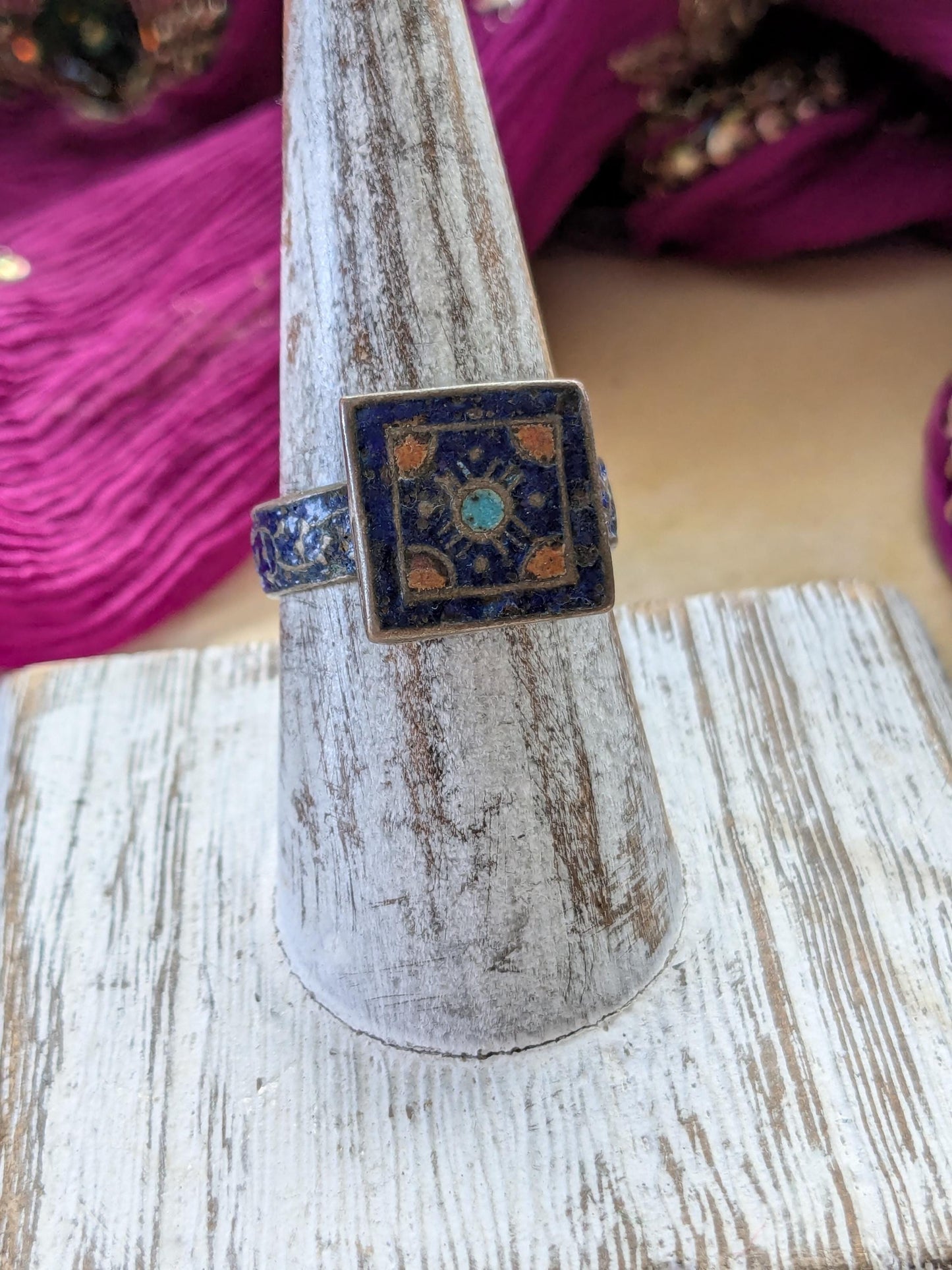 Vintage Multan Blue Enamel Ring Punjab Pakistani Jewelry 8 US (17185)