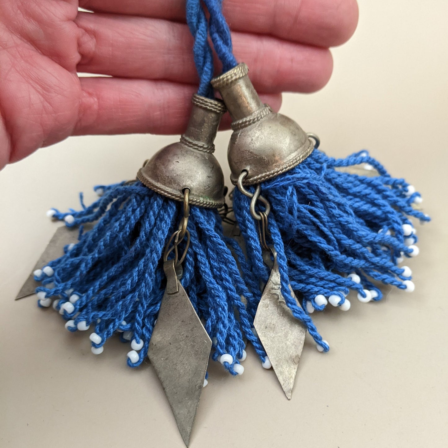 Turkmen Tassels Unique Vintage Tops Pointy Dangles Pair Light Cobalt Blue (15164)