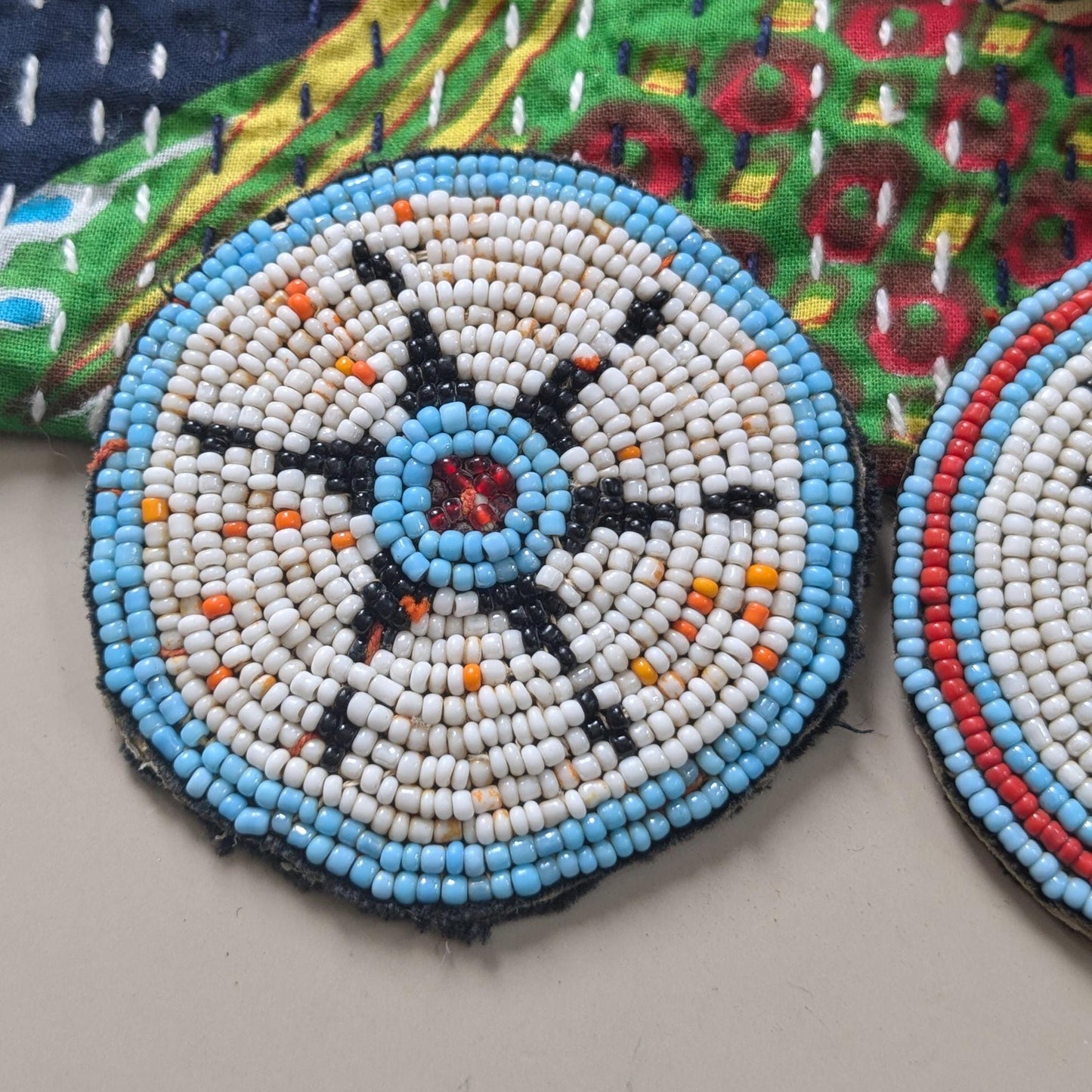 Vintage Beaded Kuchi Tribal Gul Flowers Patches Mismatched Pair (17267)