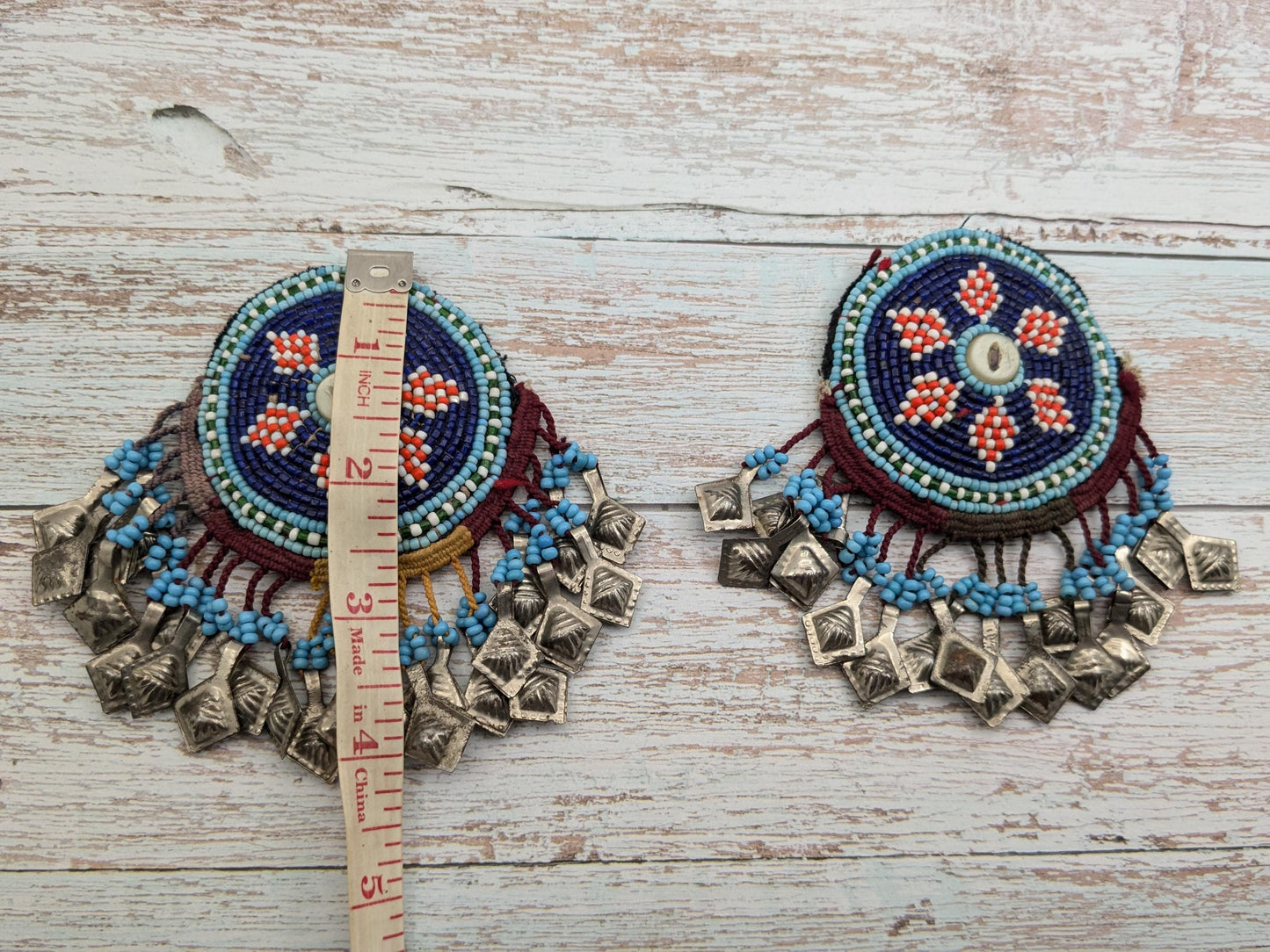 Unique Vintage Kuchi Beaded Gul Patches Jingling Accents Unique Pair (17152)