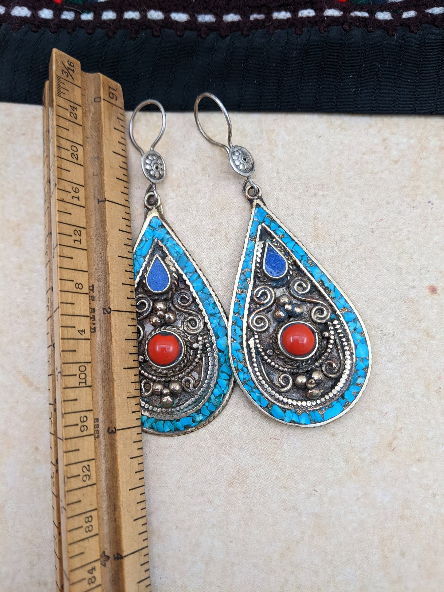 Ethnic Earrings Big HEAVY Droplets Sterling Ear Wire Silver Plated 3" (#13910)