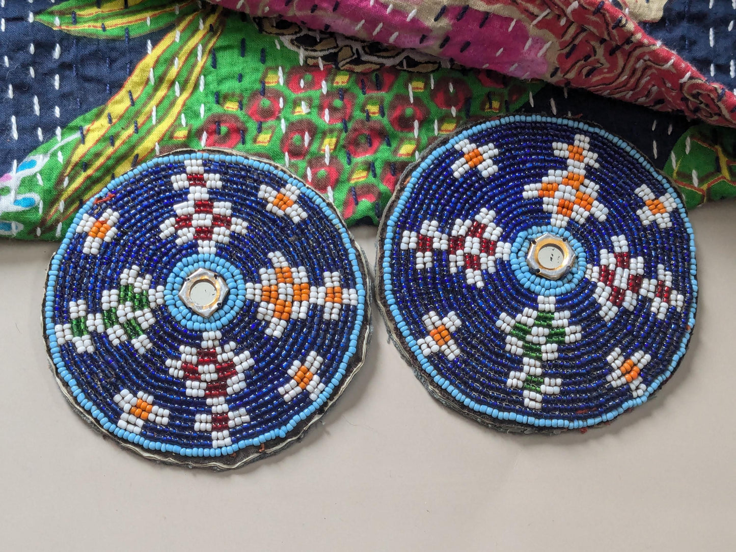 Vintage Balochi Tribal Beaded Patches Matching Pair 3.5" Wide (17274)