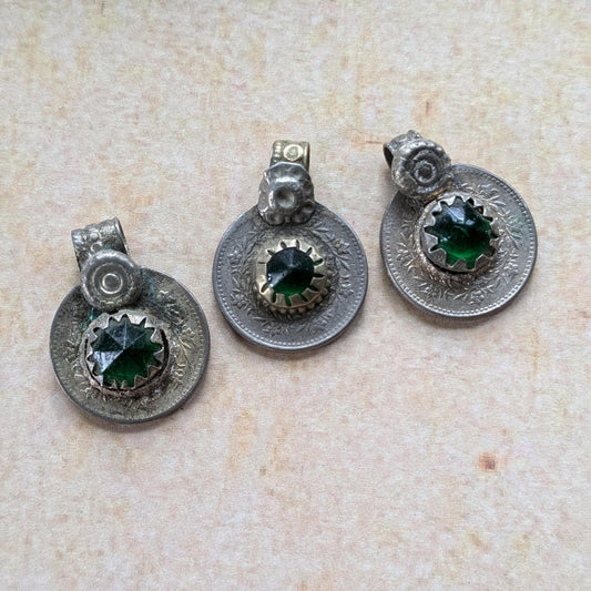 Vintage Kuchi Tribal Coin Pendants Charms Green Centers DIY Jewelry Supplies (17051)