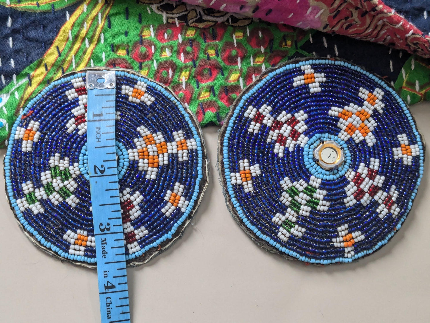 Vintage Balochi Tribal Beaded Patches Matching Pair 3.5" Wide (17274)