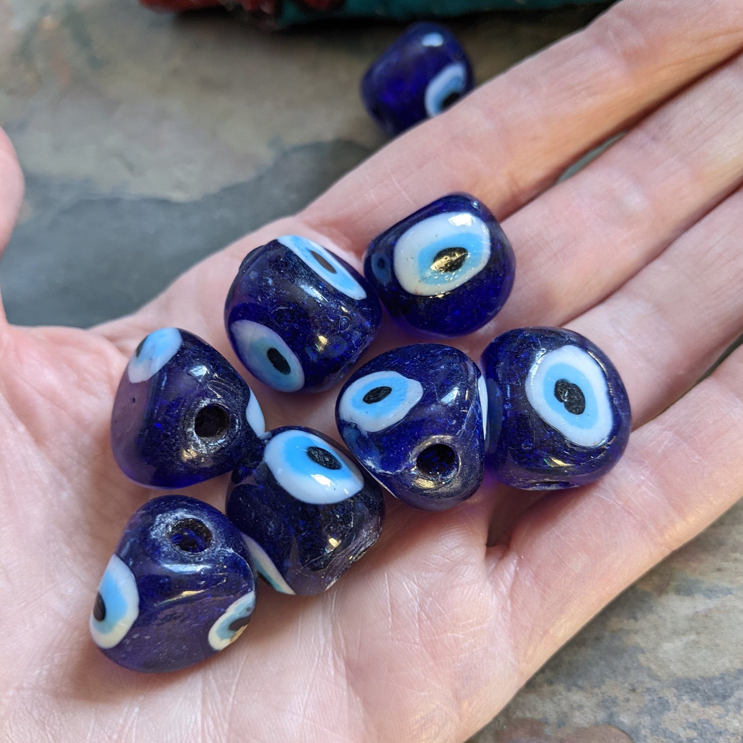 Blue White Vintage Turkish Evil Eye Glass Beads Talisman Pinched Shape 8 Beads (15538)