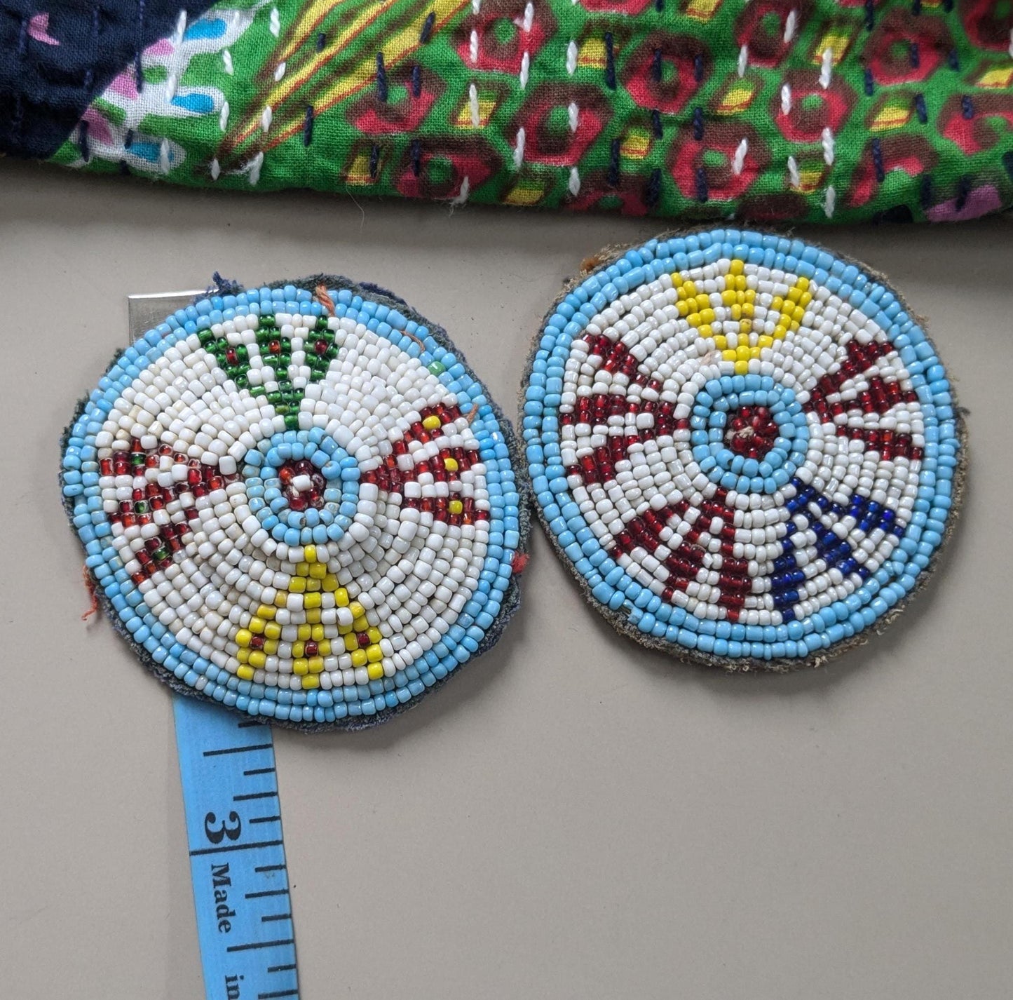 Vintage Beaded Kuchi Tribal Gul Flowers Patches Mismatched Pair 2.5" (17268)