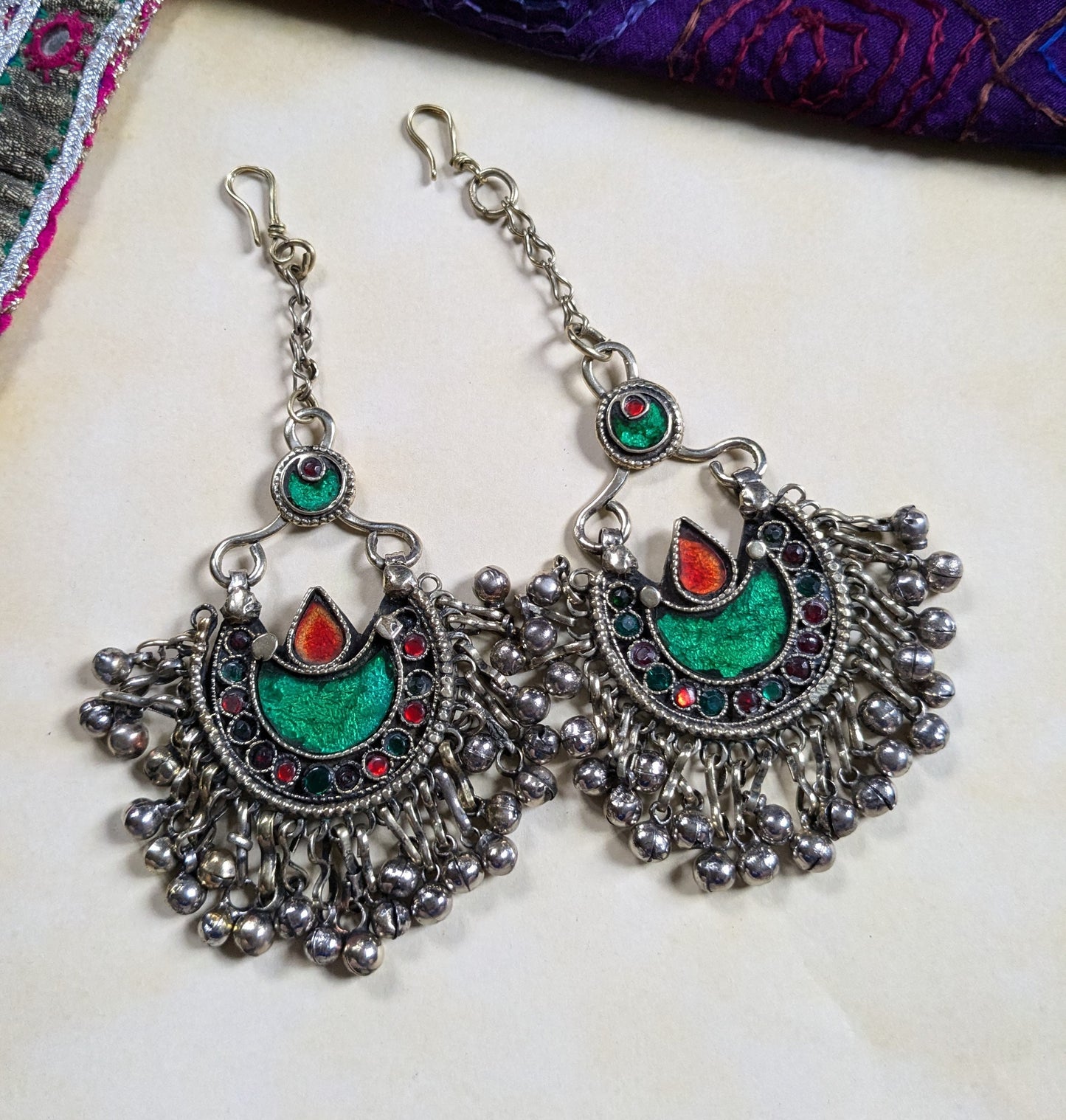 Matching Pair Vintage Kuchi Tribal Hair Pendants Tikka Jhoomer Green Crescent Moon Polished (16388)