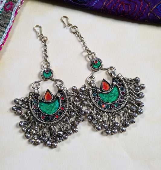 Matching Pair Vintage Kuchi Tribal Hair Pendants Tikka Jhoomer Green Crescent Moon Polished (16388)