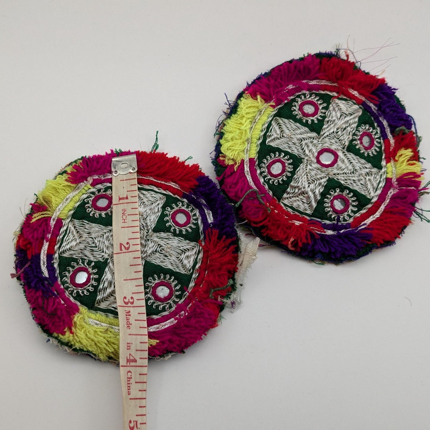 Pair Embroidered Kuchi Gul Round Medallions Colorful Bright (17153)