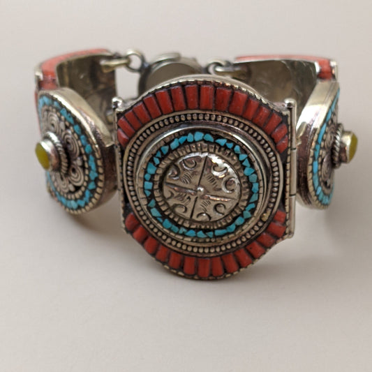 Unique Turquoise Nepalese Cuff Bracelet 7.5" Opens on Hinge (#15027)