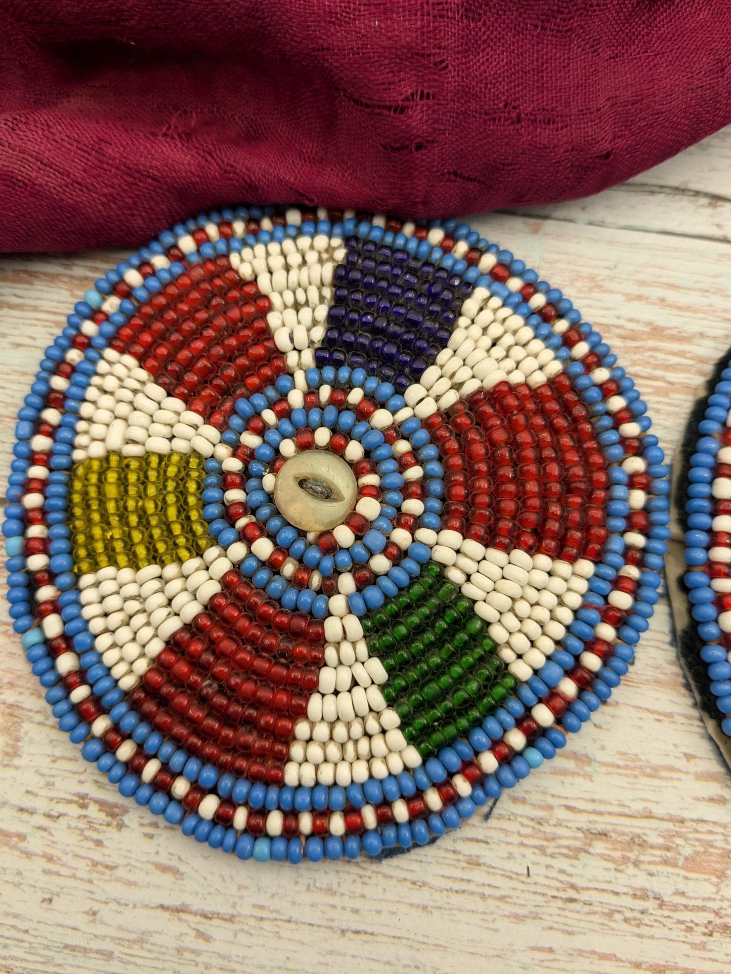 Vintage Balochi Tribal Beaded Patches Pair Gul Flowers 3.75" (17155)