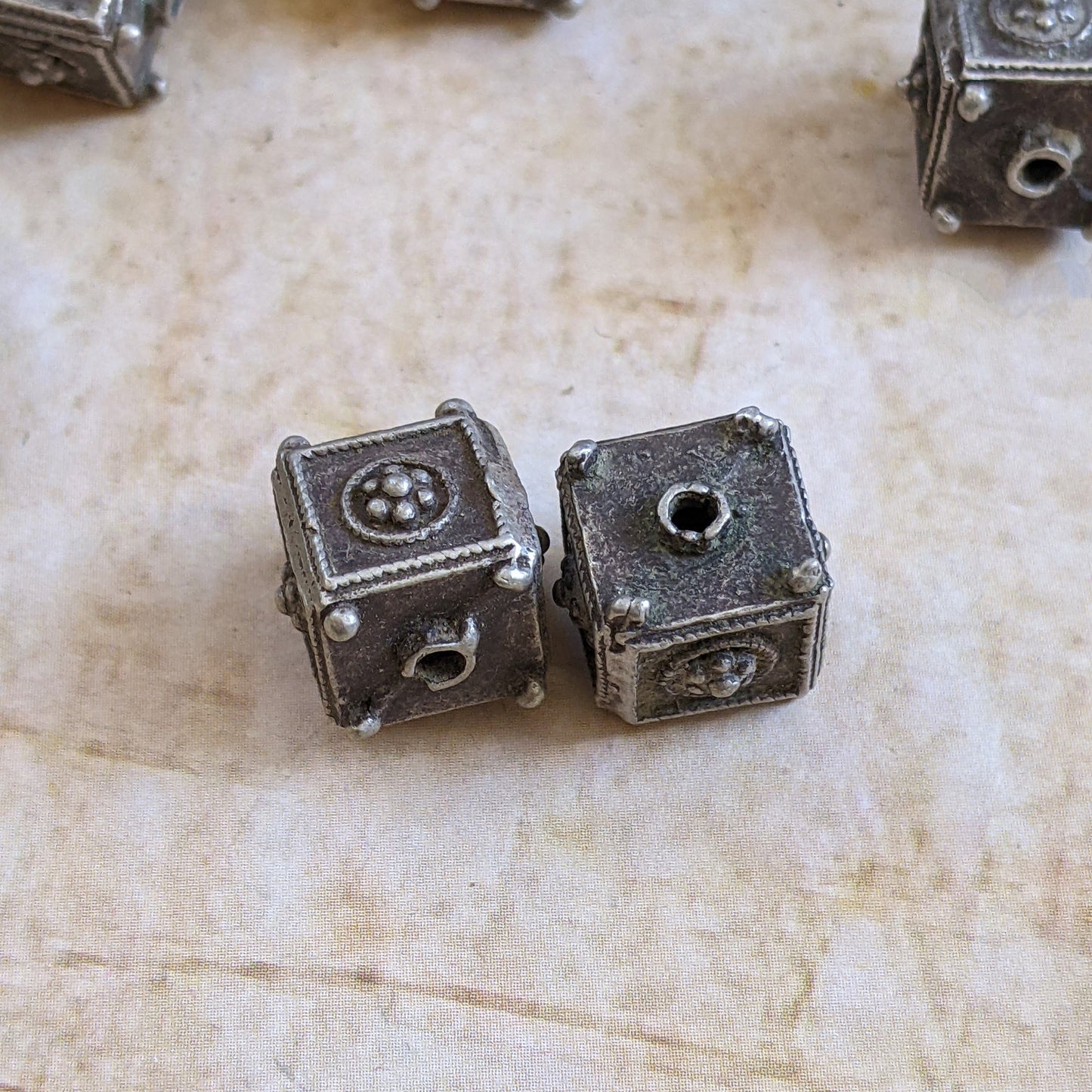 Vintage Silver Beads from Kohistan Pakistan Square with Flowers 10mm x 12mm (15427)