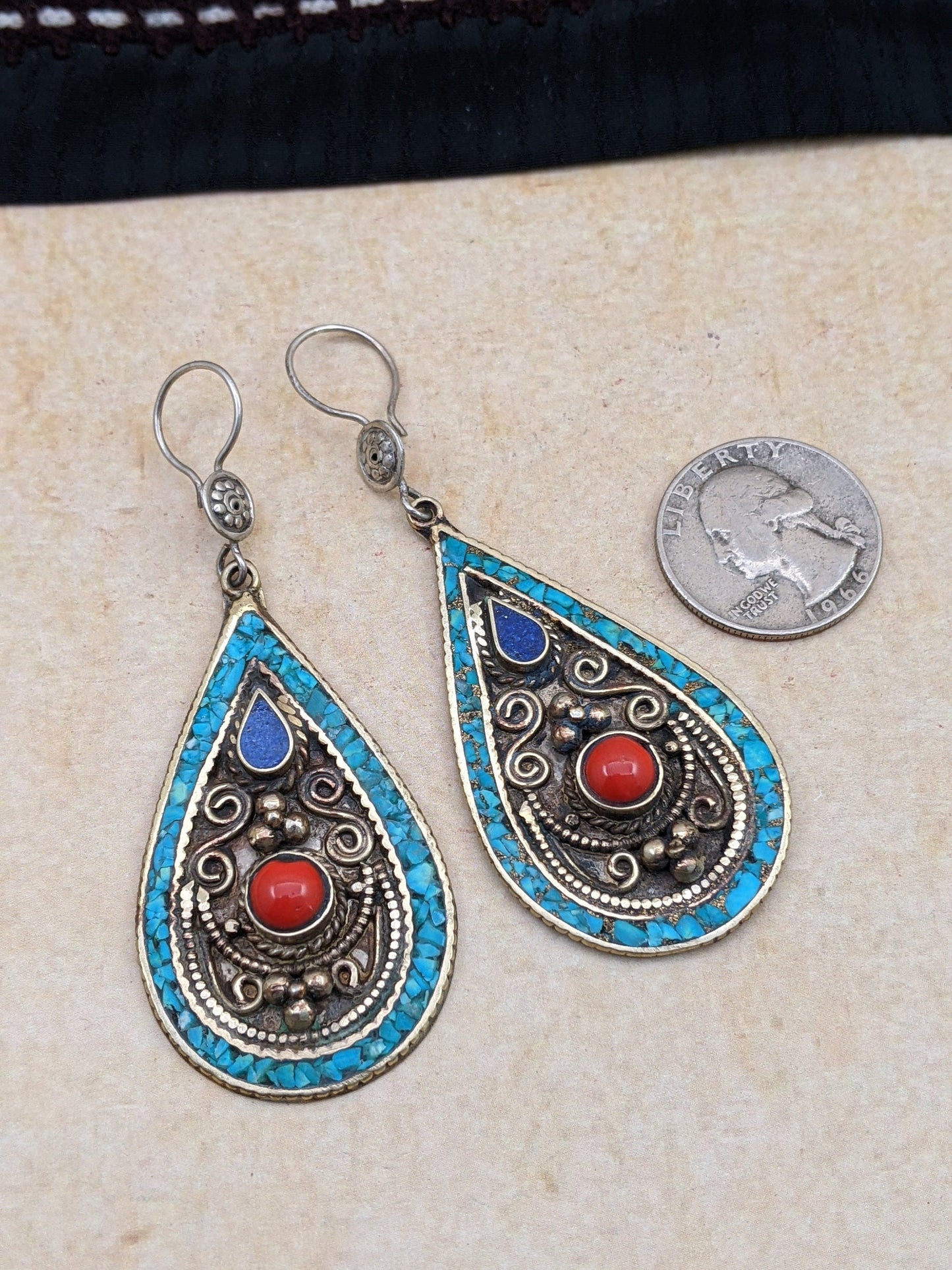 Ethnic Earrings Big HEAVY Droplets Sterling Ear Wire Silver Plated 3" (#13910)