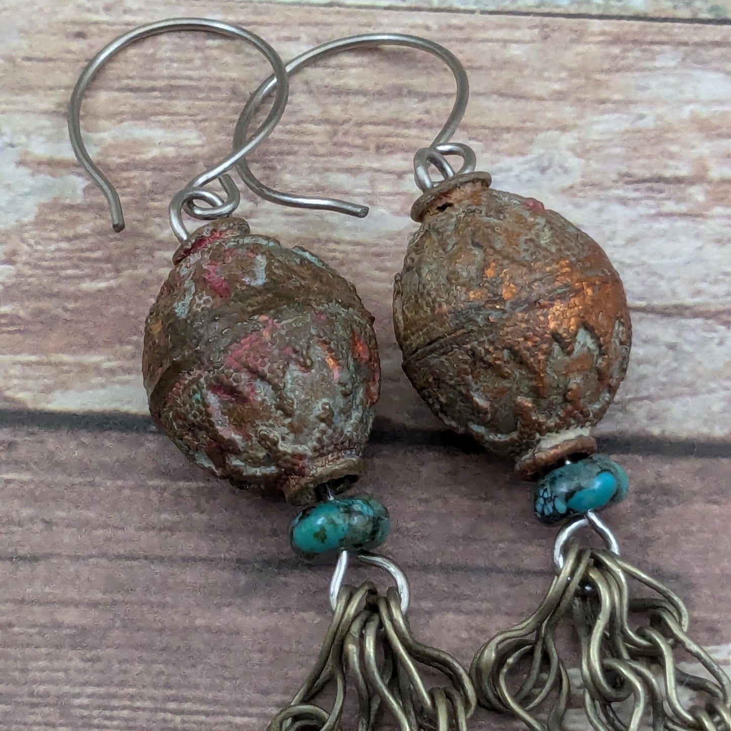 Boho Earrings Central Asian Beads Turquoise Vintage Kuchi Dangles Jingling Talisman Jewelry (16662)