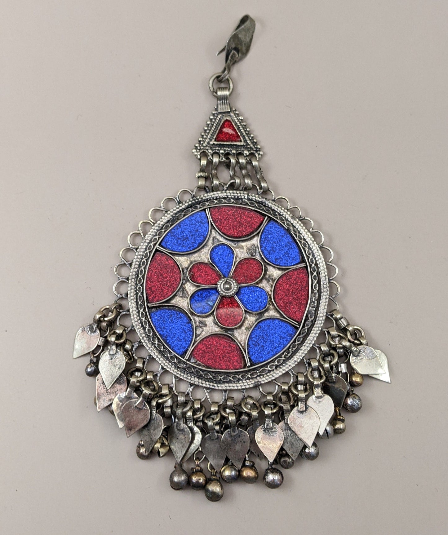 Red & Blue Sparkle Vintage Kuchi Tribal Hair Pendant Polished Floral Motif (15481)