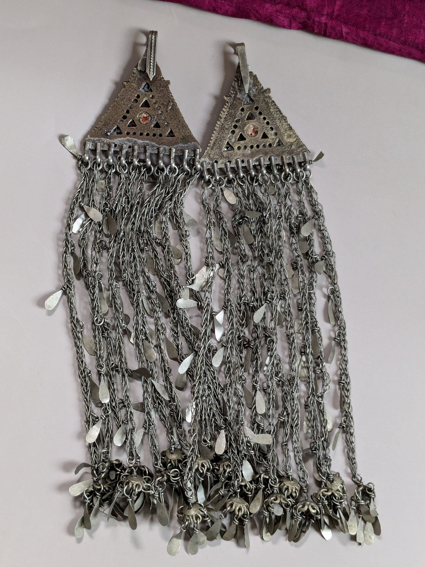 Vintage Afghan Kuchi Tribal Tikka Hair Tassels 14" Traditional Temporal Jewelry (16377)