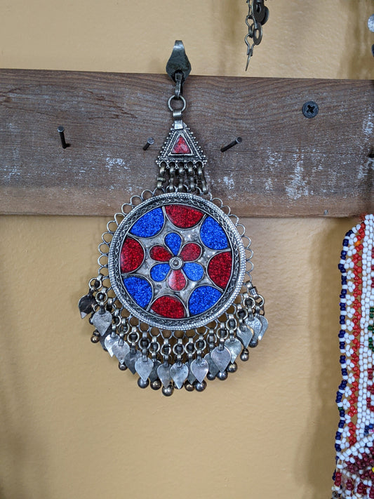 Red & Blue Sparkle Vintage Kuchi Tribal Hair Pendant Polished Floral Motif (15481)