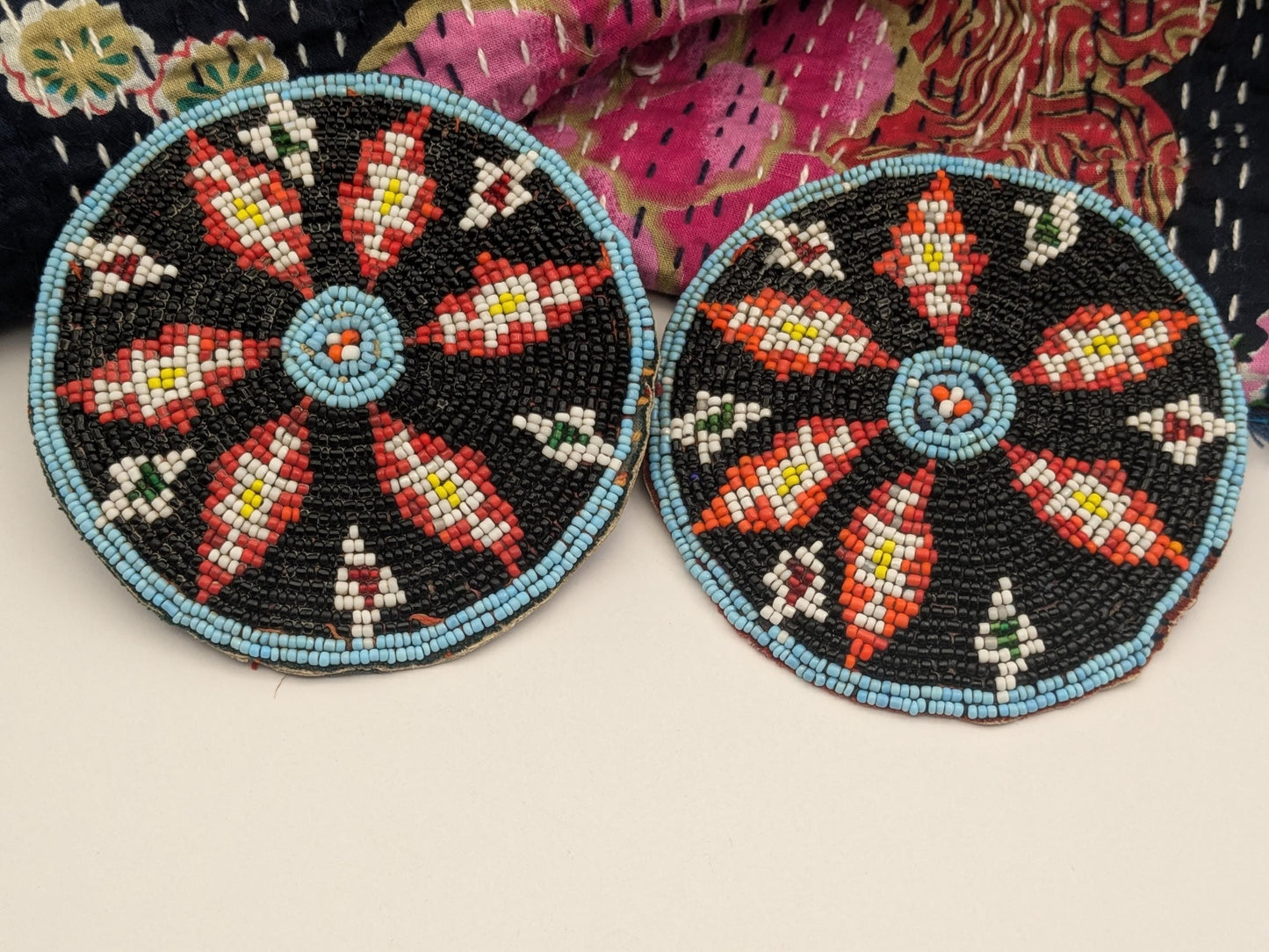 Pair Beaded Tribal Gul Flowers Vintage Baloch Patches Black Beads (17259)